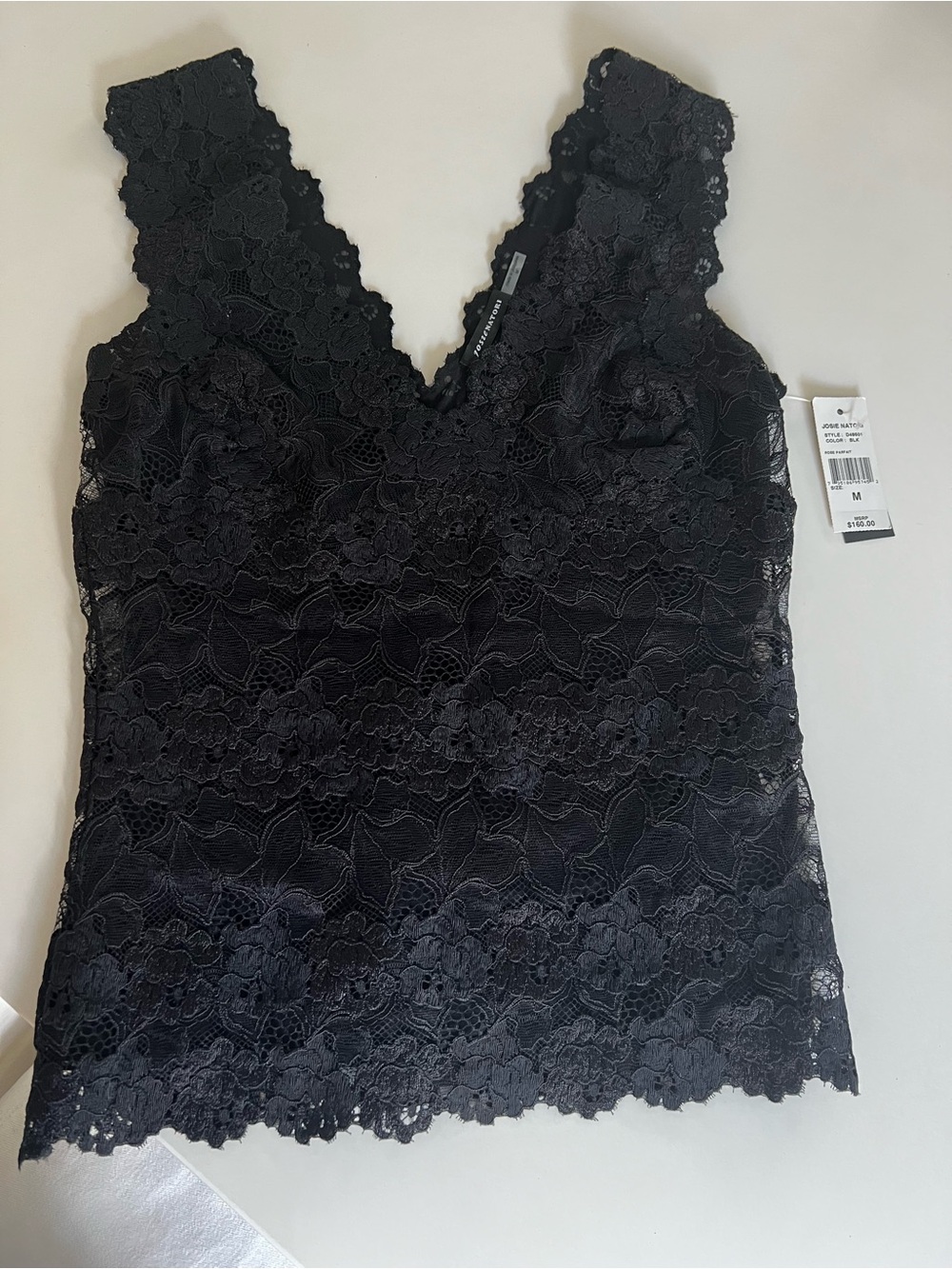 Josie Natori Lace V-Neck Camisole Tank Top - Black M